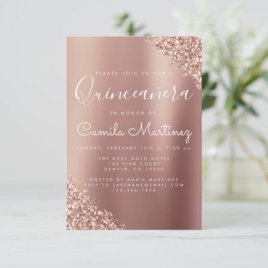 Invitation Quinceanera Blush Pink - Rose Parties scintillant  (Debout devant)