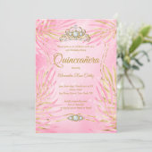 Invitation Quinceanera Blush Pink Tiara Palms Anniversaire (Debout devant)