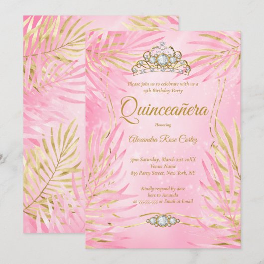 Invitation Quinceanera Blush Pink Tiara Palms Anniversaire (Devant / Derrière)