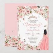 Invitation Quinceanera Blush Rose Blanc Floral & Papillon (Devant / Derrière)