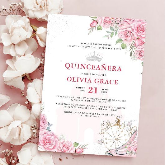 Invitation Quinceanera Blush rose Floral Argent Couronne