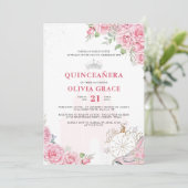 Invitation Quinceanera Blush rose Floral Argent Couronne (Debout devant)