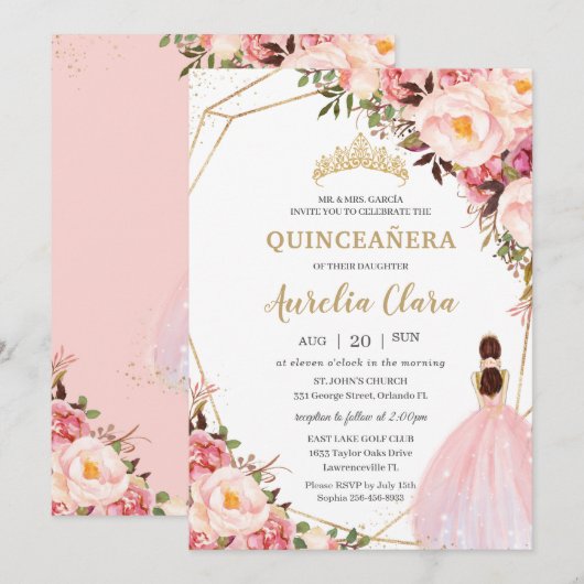 Invitation Quinceañera Blush Rose Floral Gold Princess (Devant / Derrière)