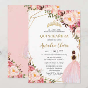 Invitation Quinceañera Blush Rose Floral Gold Princess