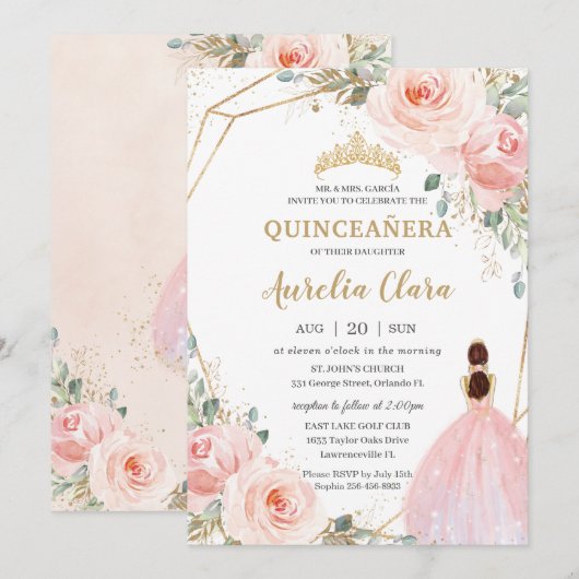 Invitation Quinceañera Blush Rose Floral Mis Quince Anos Inv (Devant / Derrière)