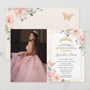 Invitation Quinceañera Blush Rose Floral Papillons Photo