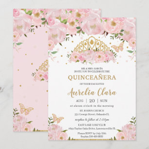 Invitation Quinceañera Blush rose Floral Papillons Tiara