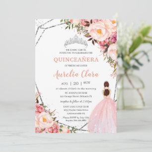 Invitation Quinceañera Blush rose Floral Princess Silver Invi