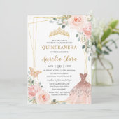 Invitation Quinceañera Blush rose Floral Princesse Gown Tiara (Debout devant)