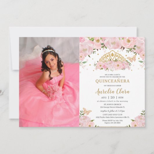 Invitation Quinceañera Blush rose Floral Princesse Photo de l (Devant)