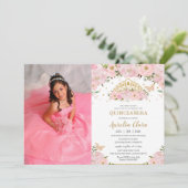 Invitation Quinceañera Blush rose Floral Princesse Photo de l (Debout devant)