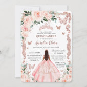 Invitation Quinceañera Blush rose Floral Rose Gold Princesse (Devant)