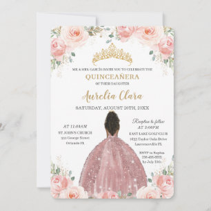 Invitation Quinceañera Blush rose Floral Rose Or Brown fille
