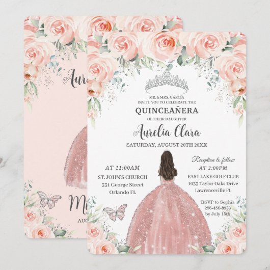 Invitation Quinceañera Blush rose Floral Rose Princess Silver (Devant / Derrière)