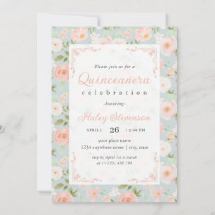 Invitation Quinceanera Blush Rose Girl Élégant Chic Floral