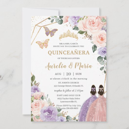 Invitation Quinceañera Blush Rose Lilac Violet Floral Twins (Devant)