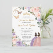 Invitation Quinceañera Blush Rose Lilac Violet Floral Twins (Debout devant)