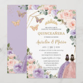 Invitation Quinceañera Blush Rose Lilac Violet Floral Twins (Devant / Derrière)