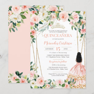 Invitation Quinceanera Blush Rose Or, fille en Gown dans
