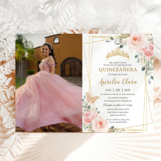 Invitation Quinceañera Blush Rose Rose Floral Butterfly Photo