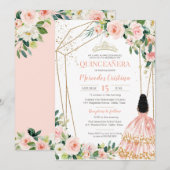 Invitation Quinceanera Blush Roses et Or, Gown fille (Devant / Derrière)