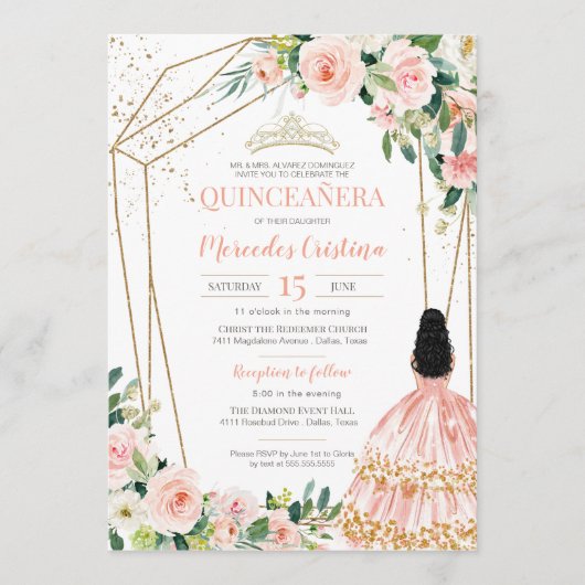 Invitation Quinceanera Blush Roses et Or, Gown fille (Devant)