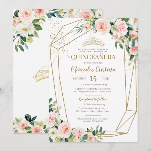 Invitation Quinceanera Blush Roses rose et Gold Pearl Tiara (Devant / Derrière)
