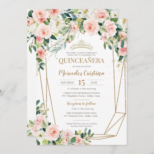 Invitation Quinceanera Blush Roses rose et Gold Pearl Tiara (Devant / Derrière)