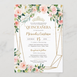 Invitation Quinceanera Blush Roses rose et Gold Pearl Tiara