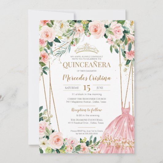 Invitation Quinceanera Blush Roses rose et Gold Pearl Tiara (Devant)