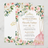 Invitation Quinceanera Blush Roses rose et Gold Pearl Tiara (Devant / Derrière)