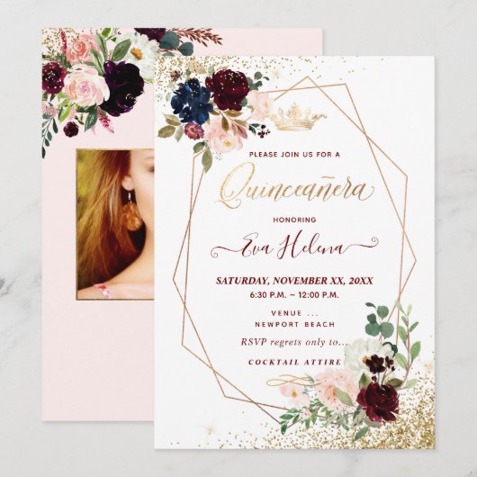 Invitation Quinceañera, Blush Watercolor Flowers Princess (Devant / Derrière)