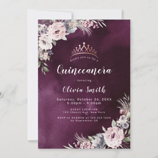 Invitation Quinceanera bohème floral violet prune et rose pou (Devant)
