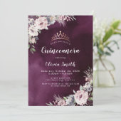 Invitation Quinceanera bohème floral violet prune et rose pou (Debout devant)