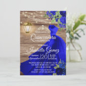 Invitation Quinceañera Bois et Fleurs Bleues Foncé (Debout devant)