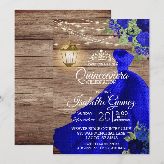 Invitation Quinceañera Bois et Fleurs Bleues Foncé (Devant / Derrière)