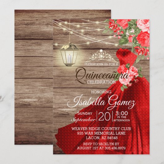 Invitation Quinceañera Bois et Fleurs rouges (Devant / Derrière)