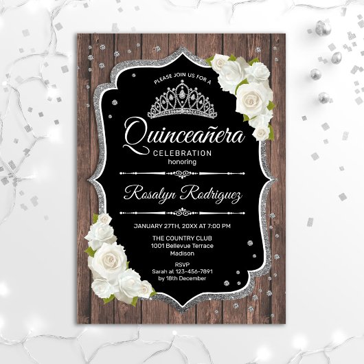 Invitation Quinceanera - Bois rustique blanc argenté