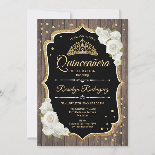 Invitation Quinceanera - Bois rustique Blanc Or (Devant)