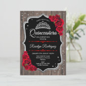 Invitation Quinceanera - Bois rustique Rouge Argent (Debout devant)