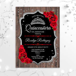 Invitation Quinceanera - Bois rustique Rouge Argent