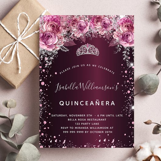 Invitation Quinceanera bordeaux parties scintillant rose tiar