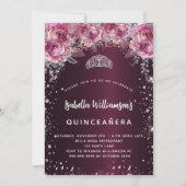 Invitation Quinceanera bordeaux rose tiara luxe (Devant)