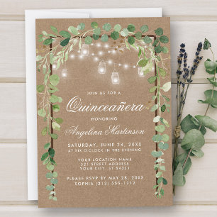 Invitation Quinceanera Botanique Vert Bois Cadre Kraft