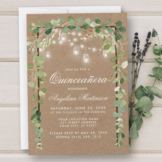 Invitation Quinceanera Botanique Vert Bois Cadre Kraft