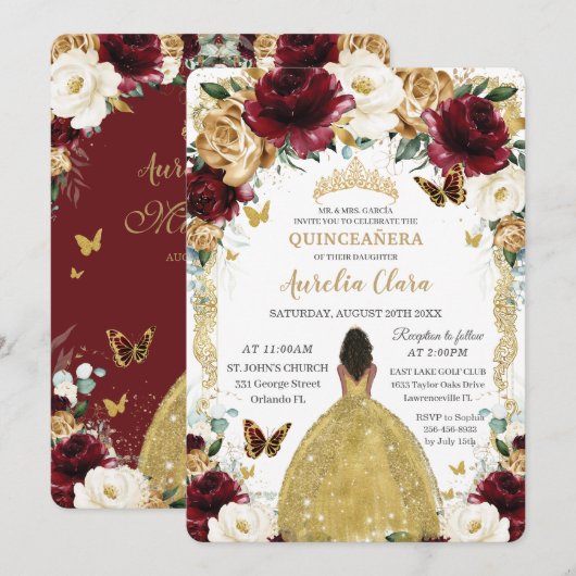 Invitation Quinceañera Bourgogne Blanc Or Floral Brown fille (Devant / Derrière)