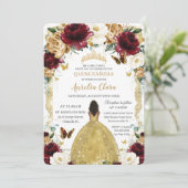 Invitation Quinceañera Bourgogne Blanc Or Floral Brown fille (Debout devant)