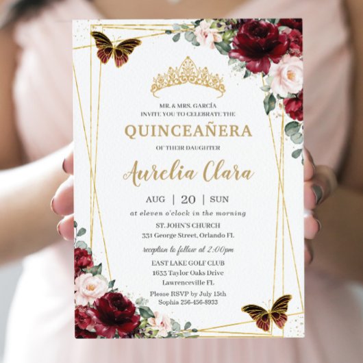 Invitation Quinceañera Bourgogne Blush Floral Princesse Tiara