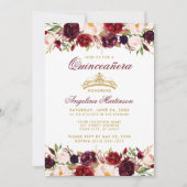 Invitation Quinceanera Bourgogne Floral Couronne Or (Devant)