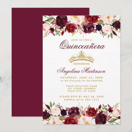 Invitation Quinceanera Bourgogne Floral Couronne Or (Devant / Derrière)